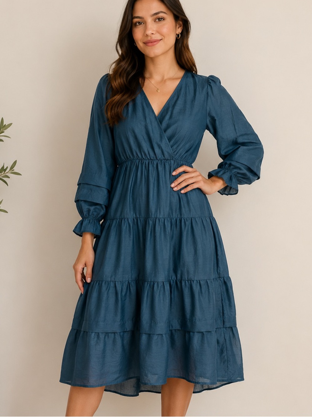 Polagram Teal Tiered V-Neck Midi Dress
